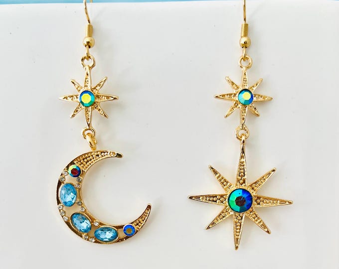 Sun moon earrings gold mismatch*Sun earrings gold*Sun earrings hanging*Star earrings cosmic*Star earrings long