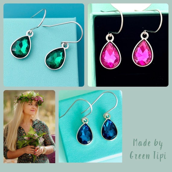 Drop earrings hanging silver blue green pink glass crystal/Sparkling hanging earrings crystal/light simple earrings drop shape wedding