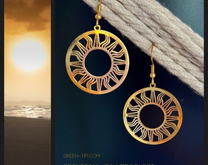 Sun earrings gold*Boho earrings sun gold*Sun earrings gold plated*Sun earrings with pendant*Earrings sun rays*Earrings sun moon