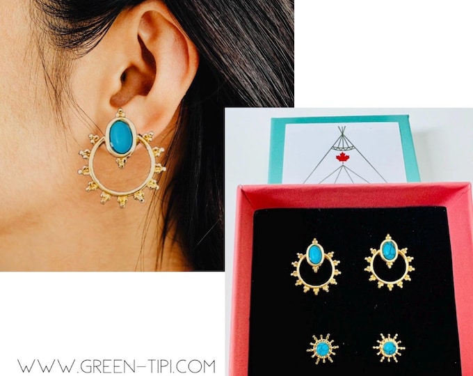 Turquoise gold stud earrings*Sun earrings gold stainless steel*Sun stud earrings*Gold stud earrings with stone*Small sun stud earrings*Gold sun earrings