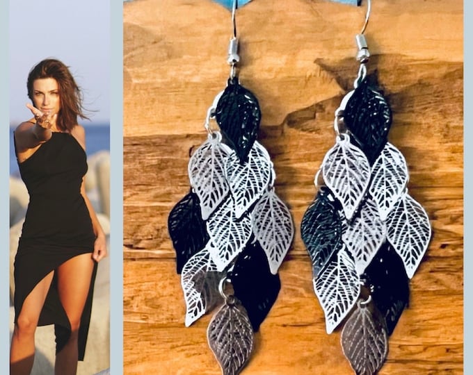 Long earrings silver black*Leaf earring silver*Hanging earrings bicolor*Statement earrings black*Lightweight earrings long*Dangle earrings
