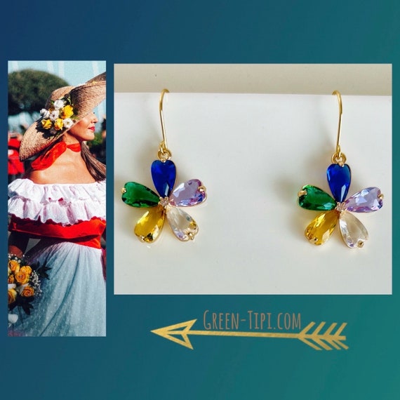 Colorful earrings hanging gold leaf flower blossom flower earrings crystal earrings/eye-catching glitter floral earrings/gift for mom