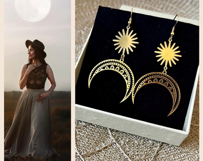 Half moon earrings made of gold-plated stainless steel*Golden moon earrings hanging*Spiritual jewelry*Statement hippie earrings*Sun earrings