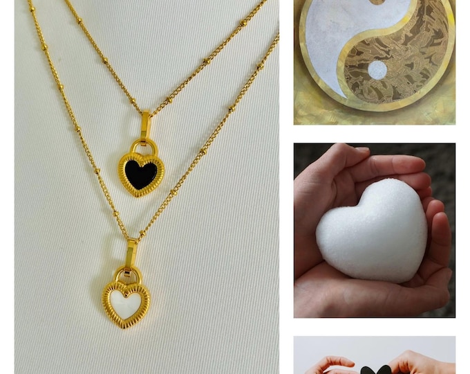 Heart necklace gold, heart necklace golden bicolor, ying yang heart necklace gold plated, black and white heart necklace, golden heart necklace, gift Mother's Day