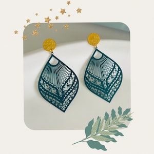 Turquoise gold earrings hanging/Large hanging earrings petrol green/Drop statement earrings/Leaf/Feather/Boho ornament wedding party earrings