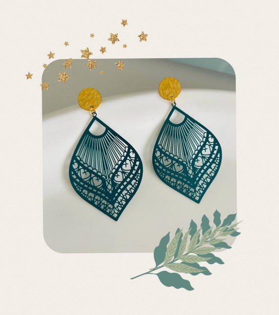Turquoise gold earrings hanging/Large hanging earrings petrol green/Drop statement earrings/Leaf/Feather/Boho ornament wedding party earrings