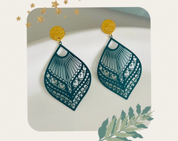 Large hanging earrings turquoise gold, light hanging earrings leaf petrol green, green drop statement earrings, boho ornament party earrings woman
