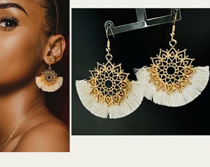 Boho earrings gold*Tassel earrings white*Sun earrings*Mandala drop earrings*Knotted earrings*Macrame earrings Boho*Boho wedding jewelry