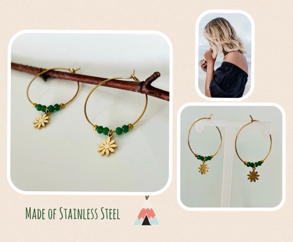 Gold hoop earrings with flower pendant/golden hoop earrings green, emerald green flower blossom earrings/gold green hoop earrings/round hoop earrings/Valentine's Day