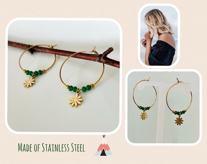 Gold hoop earrings with pendant*golden hoop earrings*emerald green hoop earrings with flower*hoops with small green stones *hippie hoop earrings filigree