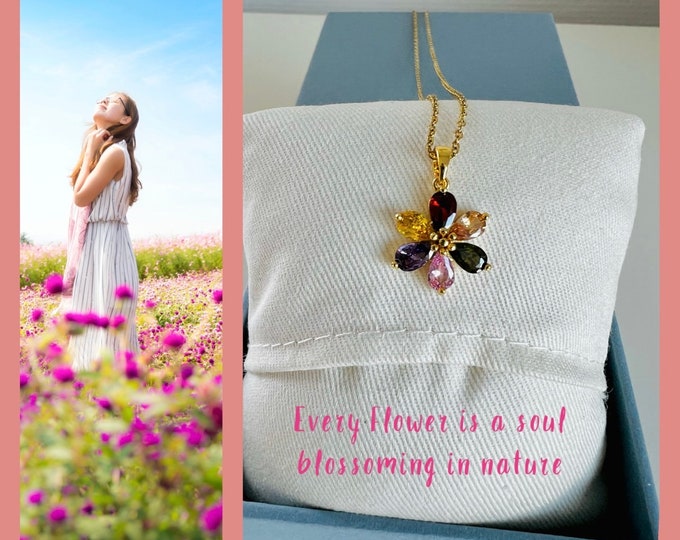 Necklace gold flower*Colorful flower necklace*Necklace colorful zirconia*Necklace colorful layer*Necklace flower gold*Necklace filigree Boho*Necklace glass stones colorful