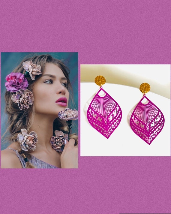 Berry colored hanging earrings pink purple violet magenta gold silver drop statement earrings hanging/leaf/boho ornament wedding earrings