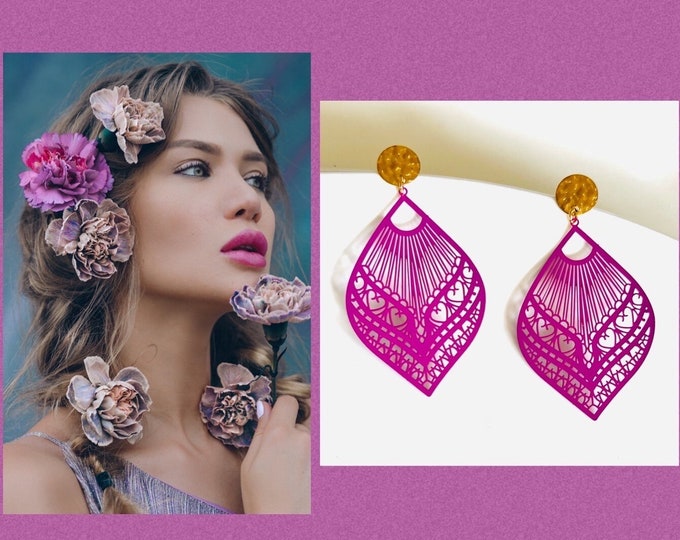 Pink hanging earrings*Pink gold earrings*Pink large earrings*Pink geometric earrings*Pink drop earrings*Pink statement earrings