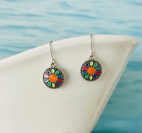 Small round earrings silver colorful hanging/dainty colorful boho earrings floral/silver orange flower/little flower blossom/hippie/small hanging earrings