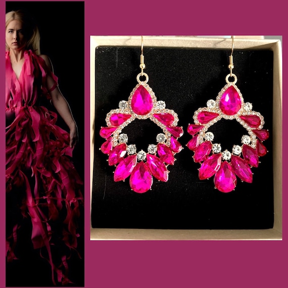 Pink long crystal earrings hanging gold pink pink/large statement earrings flower leaf teardrop shape/eye-catching hanging earrings/wedding/woman