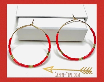 Boho earrings hoop earrings gold red*thin hoop earrings with colorful stones*bicolor hoops*large hoop earrings*statement earrings*large red hoop earrings*light hoop earrings