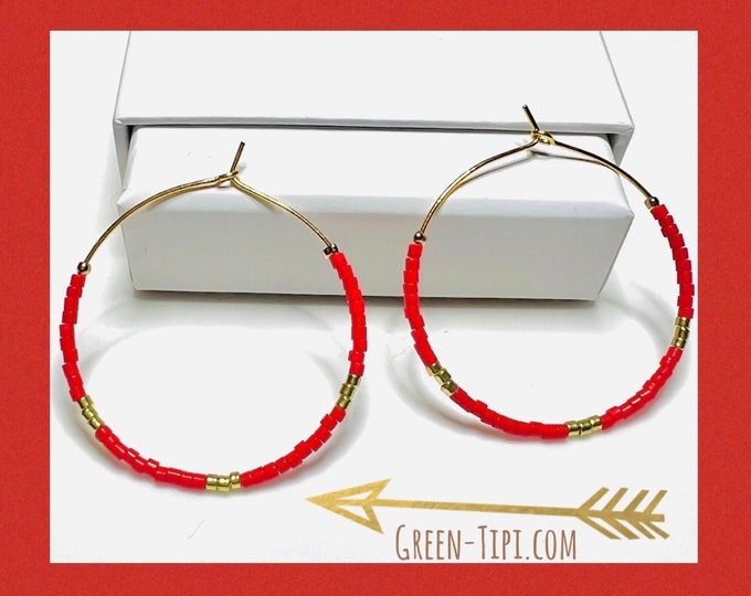 Boho earrings hoop earrings gold red*thin hoop earrings with colorful stones*bicolor hoops*large hoop earrings*statement earrings*large red hoop earrings*light hoop earrings