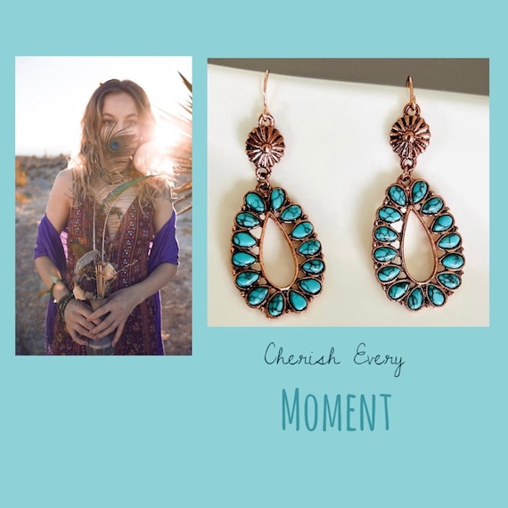 Drop earrings rose gold turquoise/teardrop earrings blue/oval boho earrings/Indian jewelry/wedding/Christmas gift for women