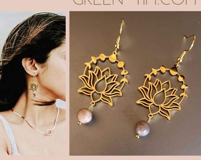 Gemstone earrings hanging*Gemstone earrings*Lotus earring Boho*Lotus blossom earring*Lotus flower earrings*Spiritual earrings hanging earrings