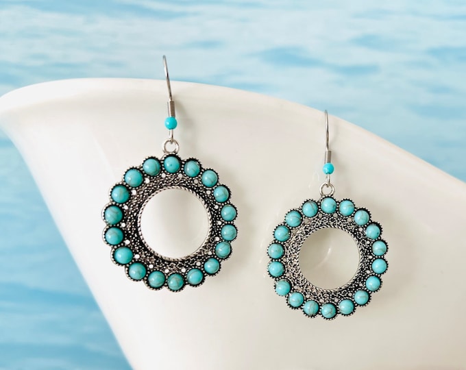 Western earrings turquoise silver blue, gift cowgirls, round statement earrings hanging, ethno earrings pearls, boho-hippie hanging earrings woman