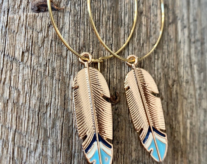 Hoop earrings gold with pendant*Hoop earrings gold stainless steel*Feather earrings*Feather earrings blue*Hoop earrings fine*Hoop earrings thin stainless steel*Boho jewelry