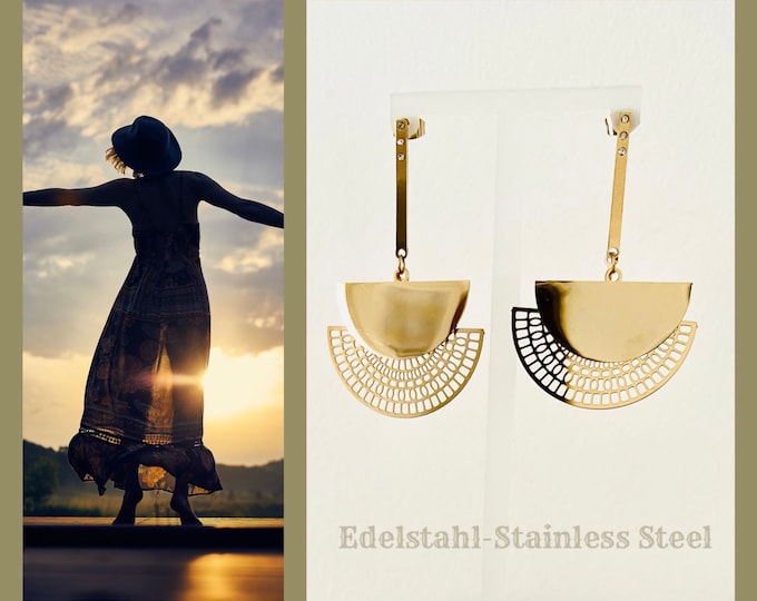 Geometric large long earrings gold sun, simple gold earrings long with semicircle, gift for jewelry-loving friends