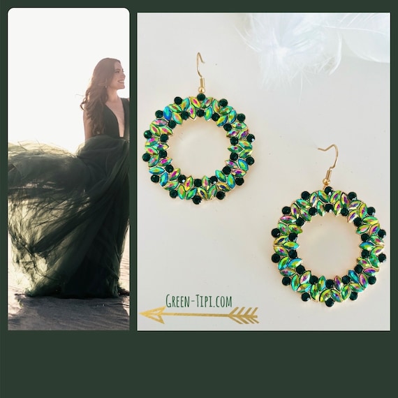 Earrings green gold hanging wedding/emerald green round hanging earrings large/green crystal earrings /large dark green statement earrings circle