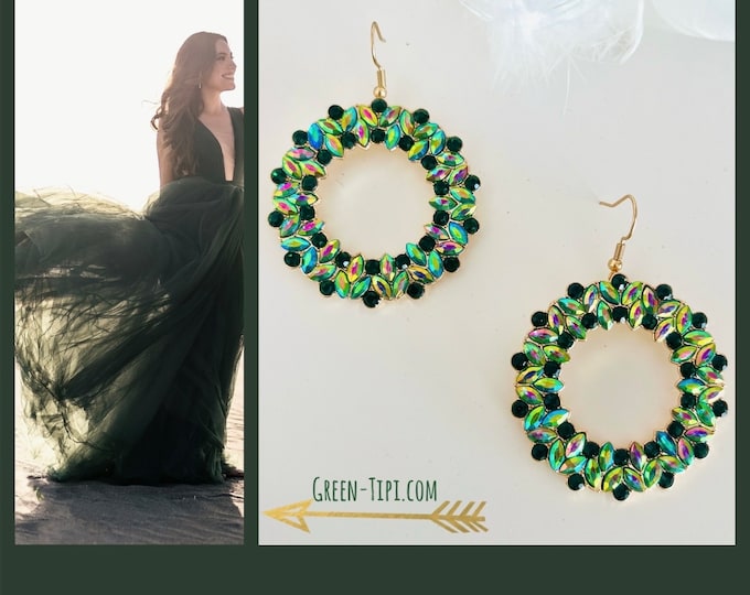 Earrings green gold hanging wedding/emerald green round hanging earrings large/green crystal earrings /large dark green statement earrings circle