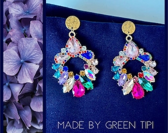 Long colorful crystal drop earrings gold*large statement earrings drops*eye-catching earrings hanging glittering*crystal earrings large