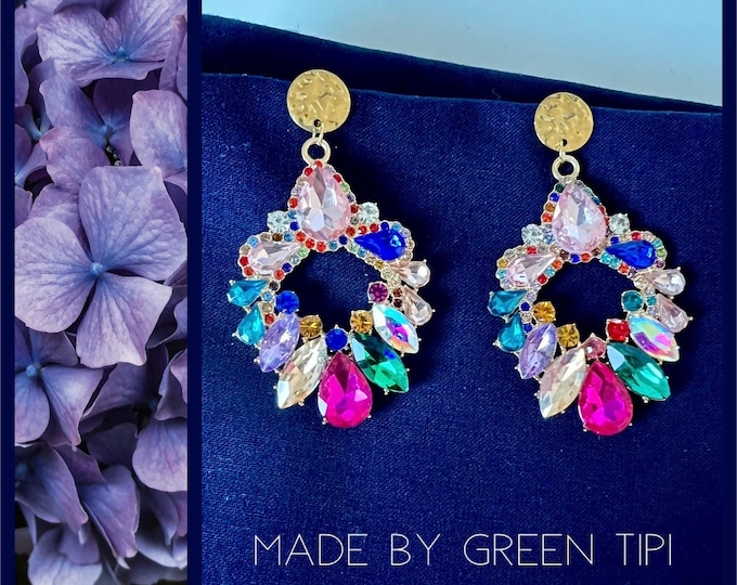 Long colorful crystal hanging earrings gold, large statement earrings drops, eye-catching earrings hanging glittering, wedding party earrings colorful