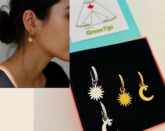 Sun moon star hoop earrings*Huggie hoop earrings*Sun hoop earrings gold*Sun hoop earrings stainless steel*Sunbeam charm earrings*Small gold silver hoop earrings