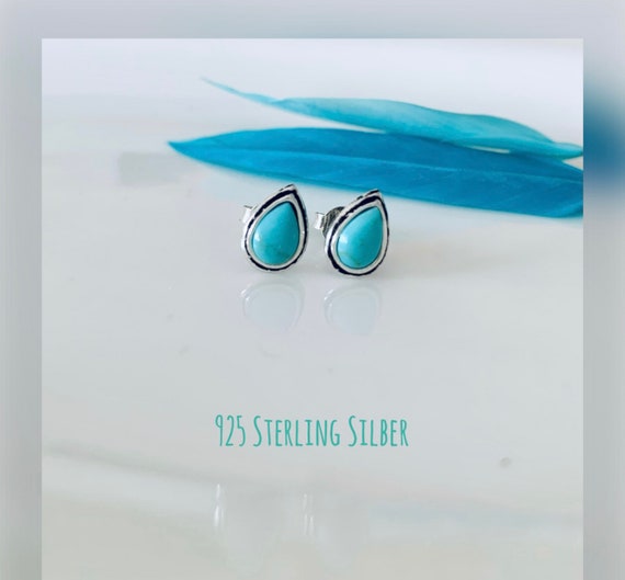 Small turquoise blue silver earrings/minimalist teardrop studs/boho/hippie/native american/ethnic studs/canada