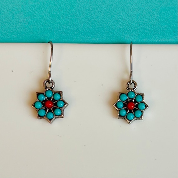 Turquoise jewelry/Turquoise silver earrings hanging/Minimalist small hanging earrings blue red flower blossom/dainty delicate flower earrings