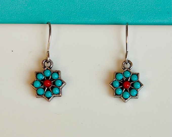 Flower earrings small turquoise silver, small light earrings flower blossom blue red, filigree flower earrings hanging, gift for flower children