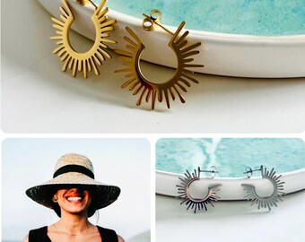 Sun earrings hoop*Sun hoop gold stainless steel*Sun hoop silver stainless steel*Boho earrings sun gold*Sun hoop earrings*Sun earrings silver