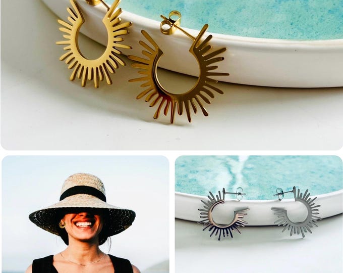 Sun earrings hoop*Sun hoop gold stainless steel*Sun hoop silver stainless steel*Boho earrings sun gold*Sun hoop earrings*Sun earrings silver
