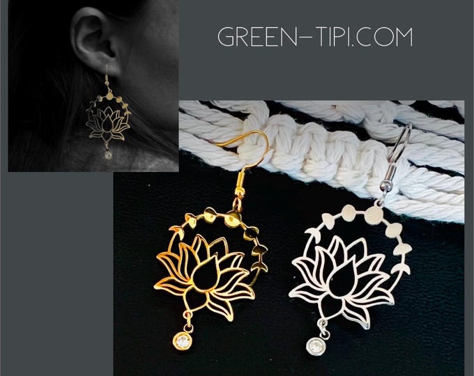 Lotus flower earrings gold*Golden earrings hanging flower blossom*Flower of life hanging earrings*Lotus earrings with stone*spiritual gift