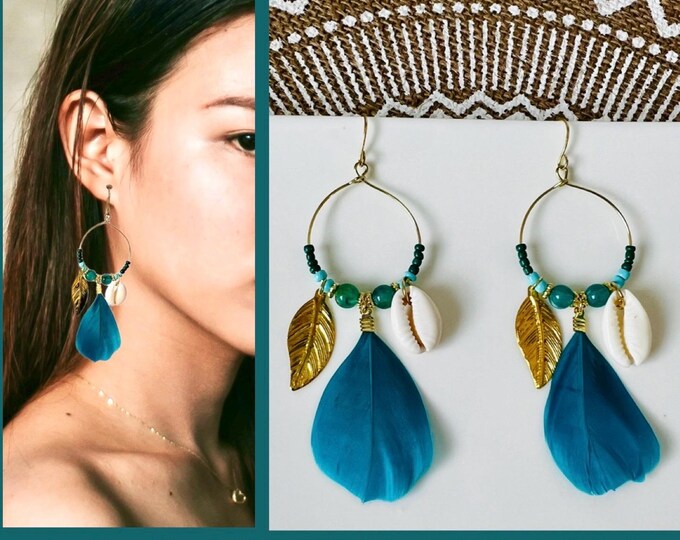 Boho hippie earrings gold turquoise*Boho earrings gold with pearls*Ethno earrings turquoise*Shell earrings gold green*Long earrings with feathers