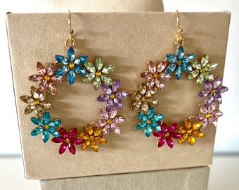 Earrings glitter flower*Glitter earrings round*Colorful earrings crystal*Earrings flowers pink*Earrings Boho wedding*Glitter earrings hanging