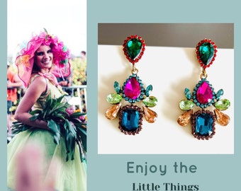 Lange bunte Kristall Ohrringe hängend gold pink/große Boho Statementohrringe Blatt/grün blau/auffällige funkelnde Kristallohrringe/Hochzeit