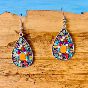 Colorful teardrop statement earrings/orange pink hippie Indian earrings hanging/Boho hanging earrings/rainbow colored earrings/gift woman