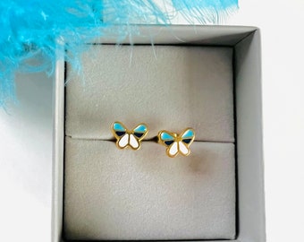 Butterfly stud earrings turquoise blue gold white/Butterfly earrings for girls allergy sufferers/small colorful stud earrings stainless steel