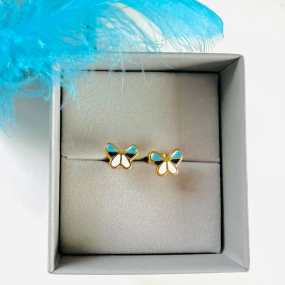 Butterfly stud earrings turquoise blue gold white/butterfly butterfly earrings for girls with allergies/small colorful stud earrings stainless steel