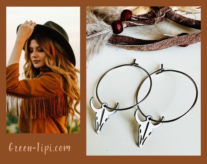 Western Creolen Ohrringe mit Stierkopf*silber Creolen mit Anhänger*dünne filigrane Kreolen*Geschenk Cowgirls*Boho Creolen silber