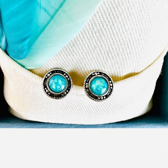 Small round opal earrings silver green/blue/turquoise studs with stone/boho hippie/indian jewelry/ethno studs/Canada gift