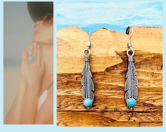 Feather earrings silver*Turquoise earrings silver*Indian jewelry*Western earrings*Ethno earrings silver blue*Cowgirls gift*Cowgirl earrings