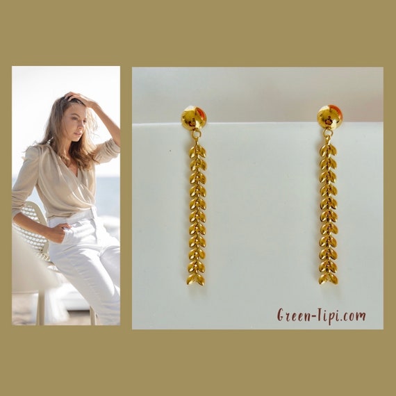 Golden earrings long hanging light delicate/noble long hanging earrings minimalist gold/leaf/leaves/light boho gold earrings wedding woman