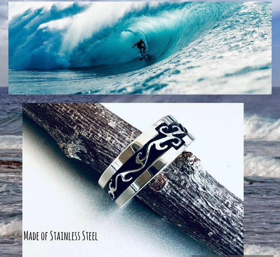 Silver ring wave/waves/statement ring silver black/smooth stainless steel men ring surfer jewelry/Canada/gift man/Christmas gift