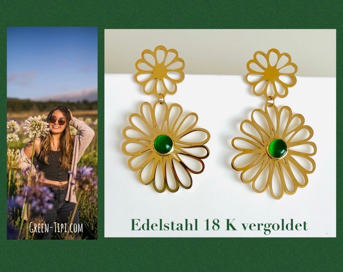 Ohrringe Blumen hängend grün 18K Edelstahl vergoldet * Hängeohrringe gold grün*Blumige Statementohrringe * Blüten Ohrringe vergoldet