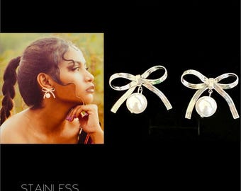Earrings bows pearls*bow earrings silver*silver bow earrings*pearl earrings*pearl stud earrings*earrings bows silver